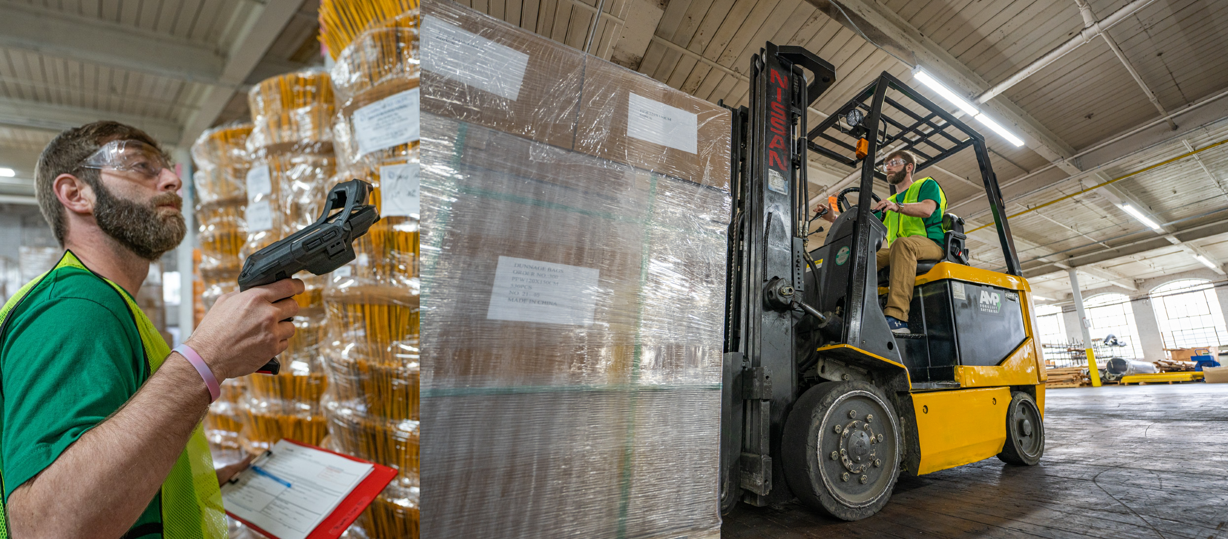 A man using scanner and forklift for 3pl warehousing services.