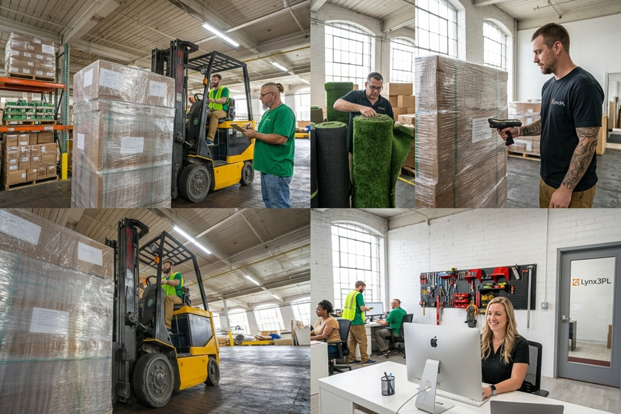 A four-panel photo collage showing warehouse work, scanning, forklifts, and an office team.